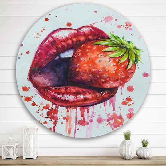 Designart - Red Woman Lips Eating A Strawberry